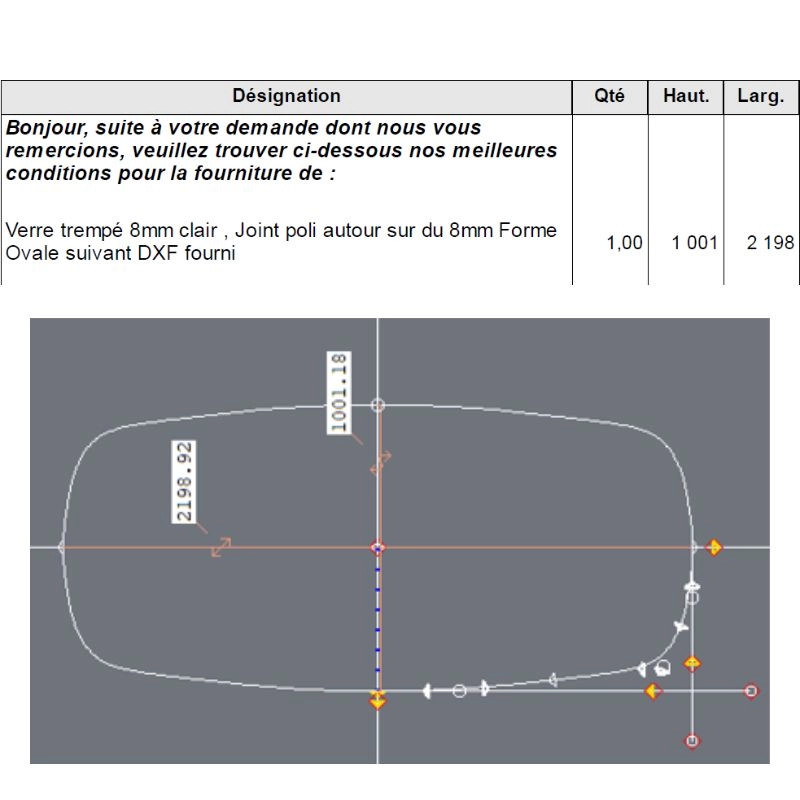 Devis sur mesure verre trempé clair 8mm suivant DXf